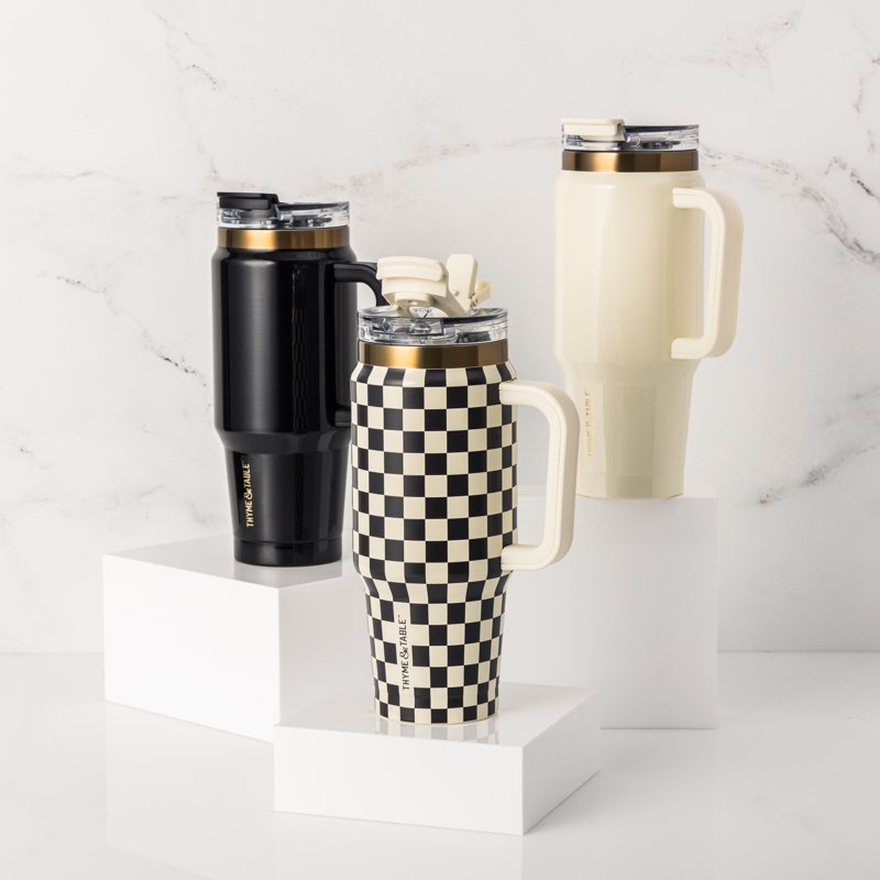 32oz Stainless Steel Tumbler with Handle and Dual Straw Lid - Cream Gloss