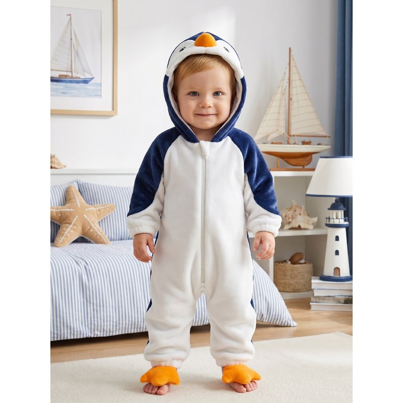 Baby Penguin Costume for 0-12 Months - Blue and White Plush Romper, Halloween Cosplay Outfit