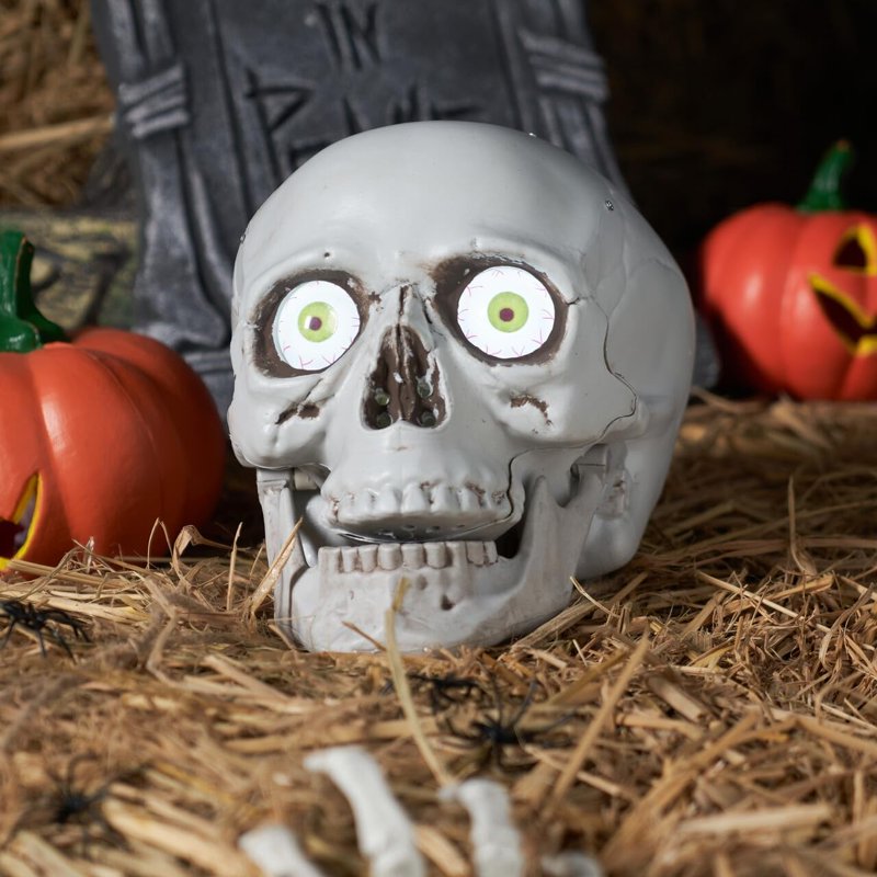 Sound Activated Animated Skull Halloween Decor with Moving Eyes and LED Lights