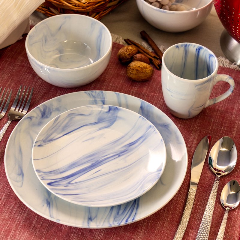 16 Piece Blue & White Marble Stoneware Dinnerware Set