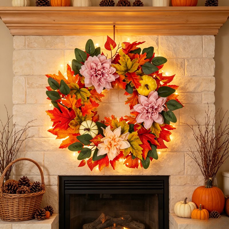 Thanksgiving Artificial Wreath with Pumpkins & Maple Leaves - Fall Decor J