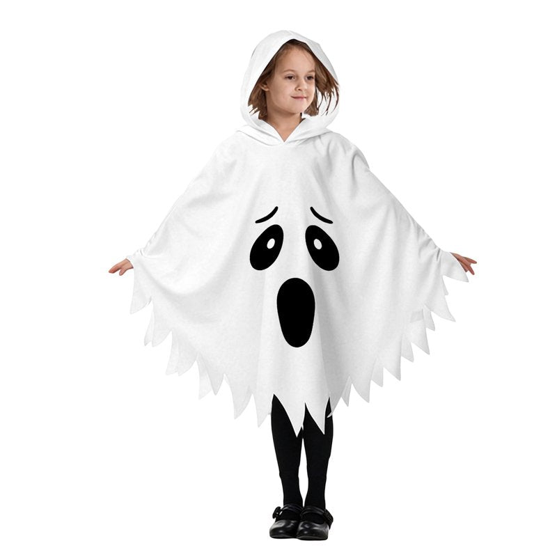 Kids Ghost Face Hooded Cape Costume - Unisex Halloween Dress Up, 10-12 Years - White