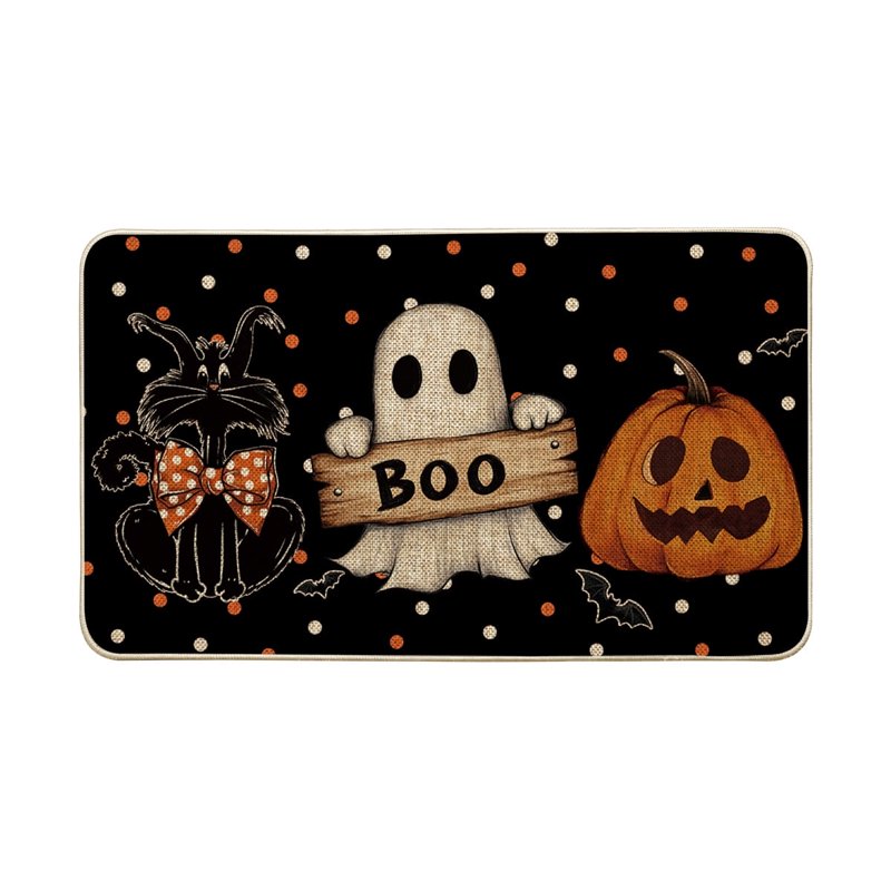 Halloween Welcome Doormat 17x29 Inch Polka Dot Black Cat Ghost Jack-O'-Lantern