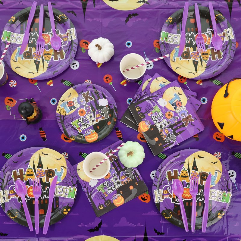 Halloween Party Supplies 24-Piece Disposable Set with Plates Cups Banner & Tablecloth
