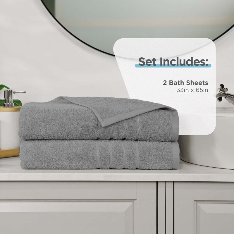 Bath Sheet Set 2 Pack - Extra Large 33x65 Inch 100% Cotton Towels - Monument Grey