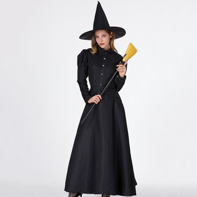 Women’s Medieval Witch Costume Dress with Hat - Black, Large (L)