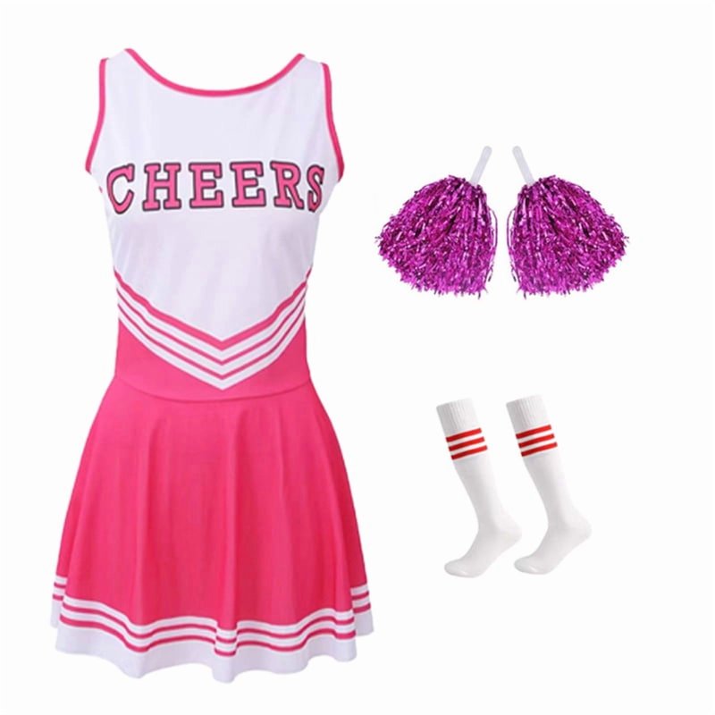 Pink Girls Cheerleader Costume Outfit Set 150cm Halloween Party Dress with Pom Poms & Socks - Variation of THIS listing