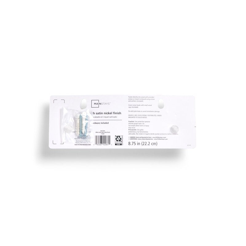 4 Pack Wall-Mounted Key Rail with Satin Nickel Hooks - White, 8.75 Inch - Includes Hardware