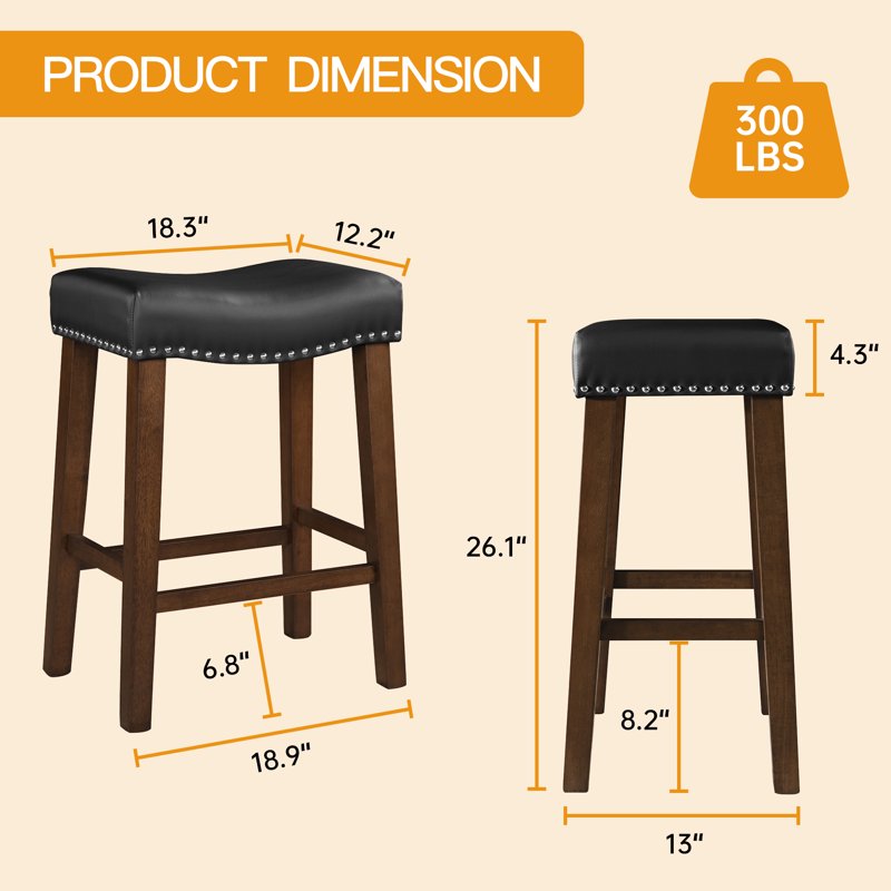 Saddle Bar Stools Set of 2 - 26 Inch Leather Height Stools - Black