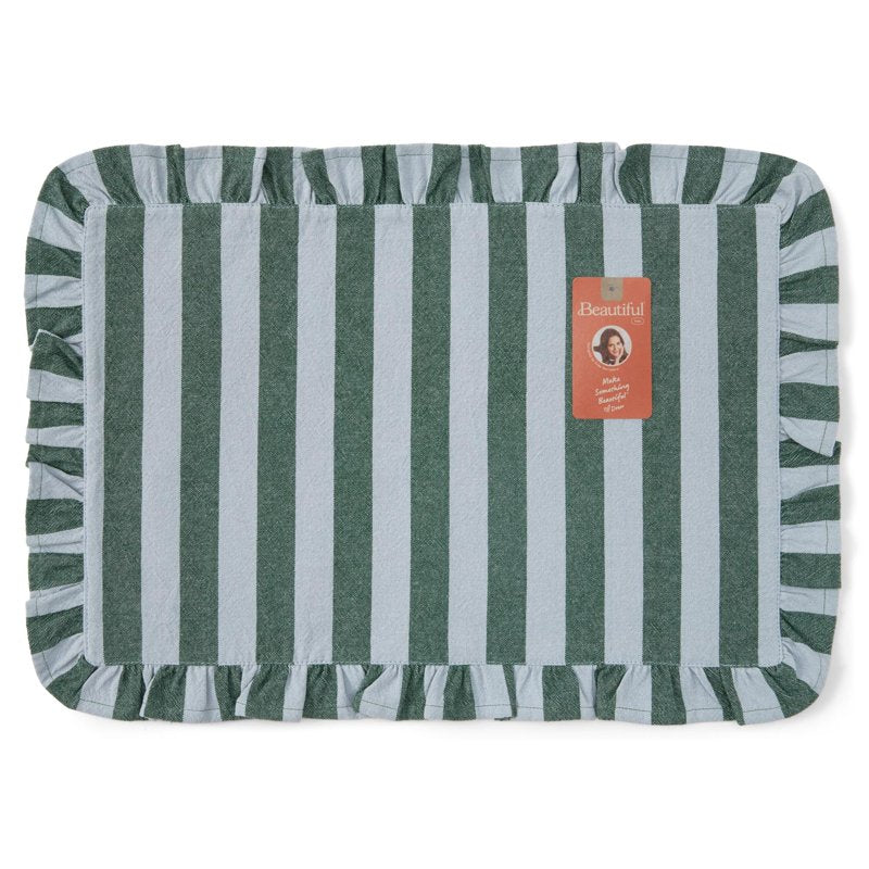 Ruffle Stripe Fabric Placemat - Cornflower Blue & Thyme Green, 20" x 14"