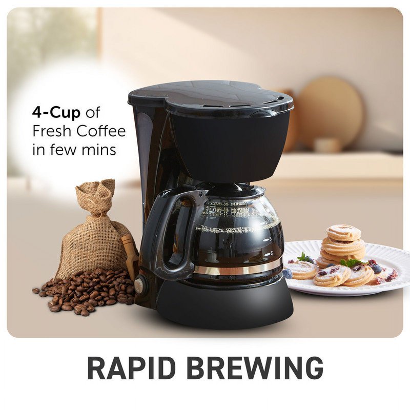 4-Cup Automatic Drip Coffee Maker with Reusable Filter - Compact Design