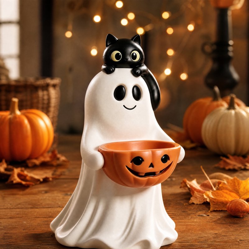 Halloween Ghost Pumpkin Candy Bowl - Cute Resin Spooky Treat Jar, Variation #021