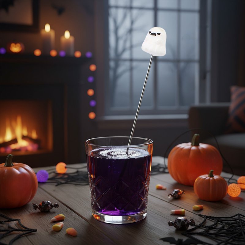 Halloween Themed Stainless Steel Cocktail Mixing Spoon - Ghost, Witch Hat, Bat & Pumpkin Designs - White Variant