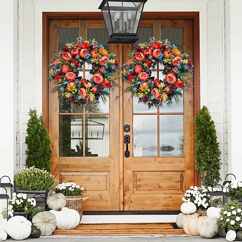 Autumn Pumpkin & Peony Wreath for Front Door - Fall Harvest Decor 15.74"