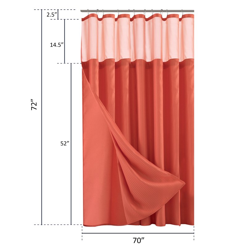 Waterproof Shower Curtain with Detachable Liner - Coral, 2-in-1 Bathroom Decor