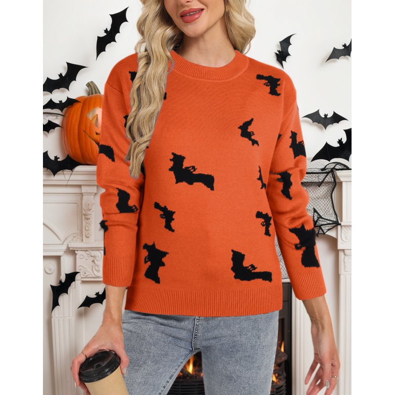 Halloween Bat Print Sweater for Women - Casual Knitted Pullover XL Orange Variation