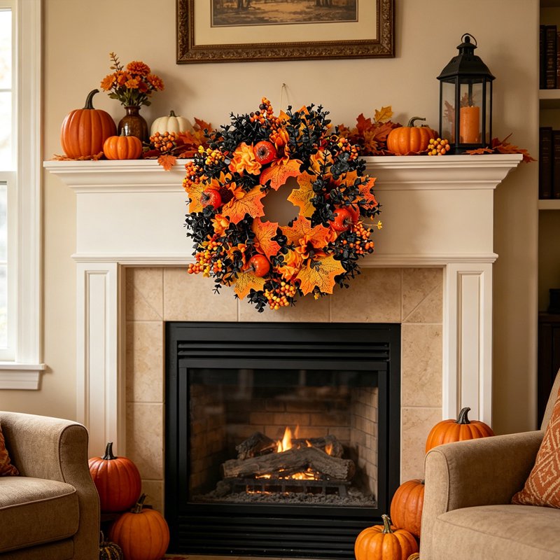 Fall Wreath for Front Door & Indoor Decor - Halloween & Thanksgiving - Variation E-9