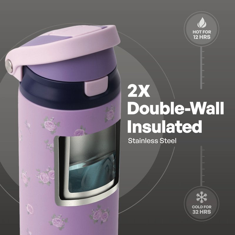 24oz Stainless Steel Water Bottle with 2-in-1 Lid - Purple Flowers