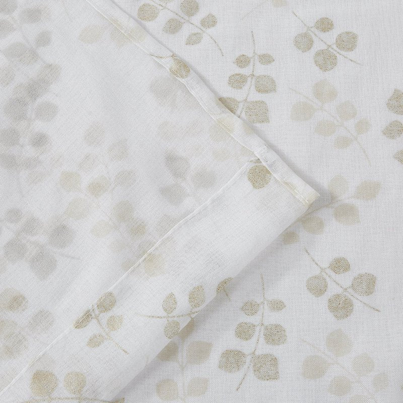 Floral Design White and Gold Linen Textured Shower Curtain Set with 12 Hooks