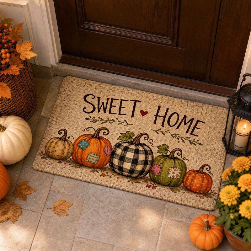 Thanksgiving Non-Slip Pumpkin Doormat with Patchwork Pumpkins - Seasonal Front Door Mat - C-c Variation