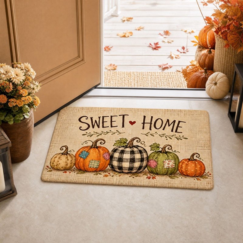Thanksgiving Non-Slip Pumpkin Doormat with Patchwork Pumpkins - Seasonal Front Door Mat - C-c Variation