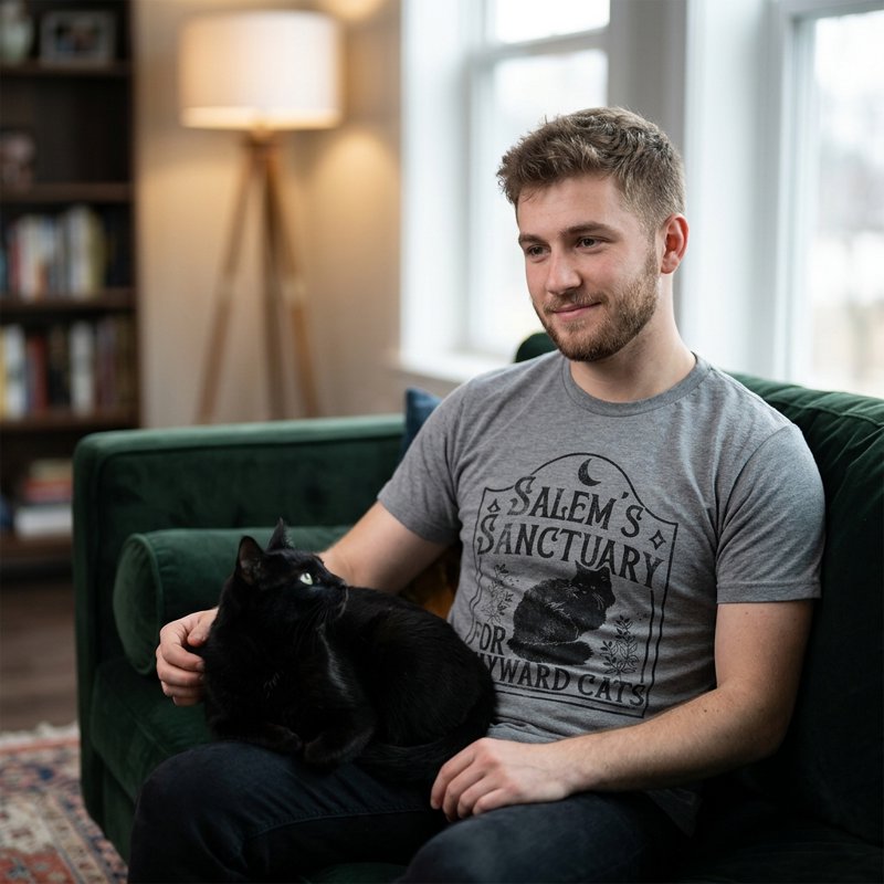 Mens Halloween Funny Spooky Cat Sanctuary T Shirt - S Dark Heather Grey
