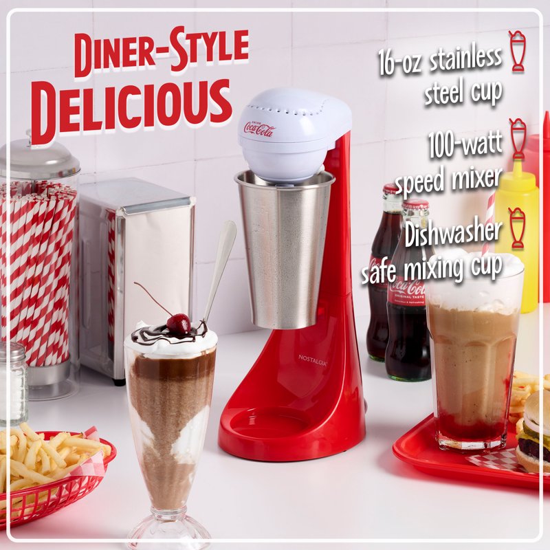 Retro Milkshake Maker - 16 oz Drink Mixer with Stainless Steel Cup - Red