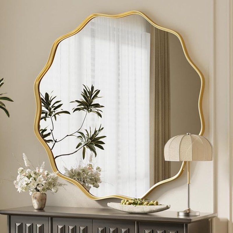 36-Inch Wavy Round Bathroom Mirror Wall Mounted Vanity Mirror with Metal Frame - Gold - Variation of This Listing