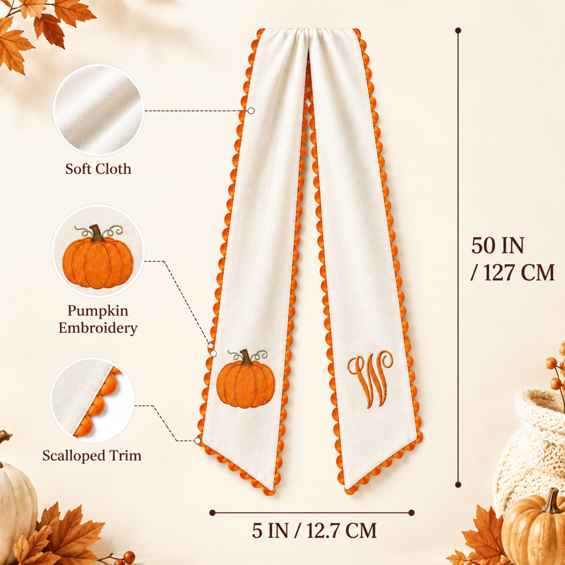 Pumpkin Embroidered Wreath Sash - Fall Orange Scalloped Ribbon for Halloween & Thanksgiving - Variation W