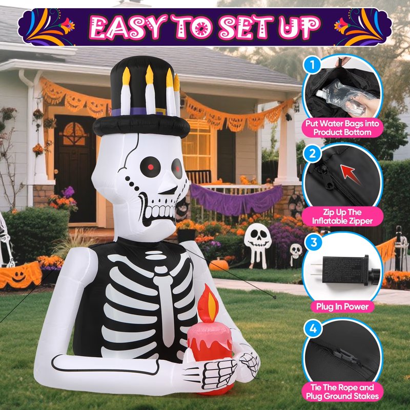 Inflatable Skeleton with Candle & LED Lights - Halloween Yard Decoration, Variation of Praying Skeleton