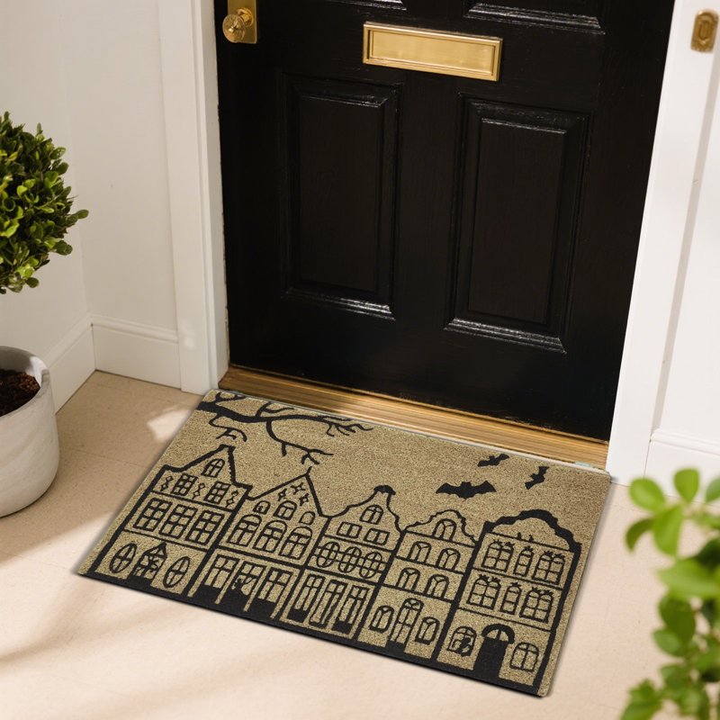 Halloween Haunted House Bat Coir Door Mat 48×30 Inch - Non-Slip Outdoor Rug with Spooky Town Design - Variation L