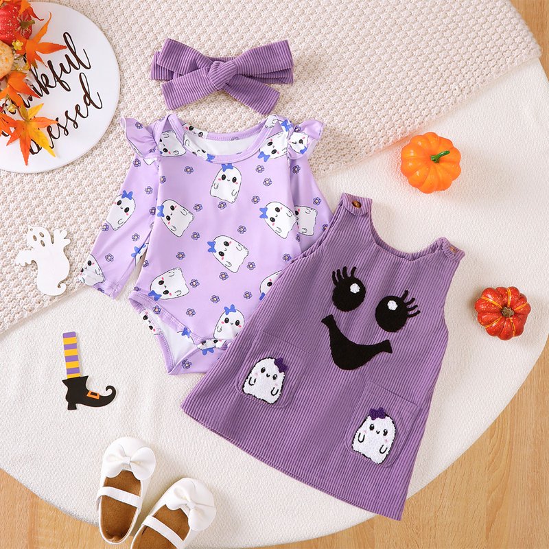 A13-Purple Baby Girl Halloween Outfits Ruffle Romper Pumpkin Overalls Set - 0-3 Months