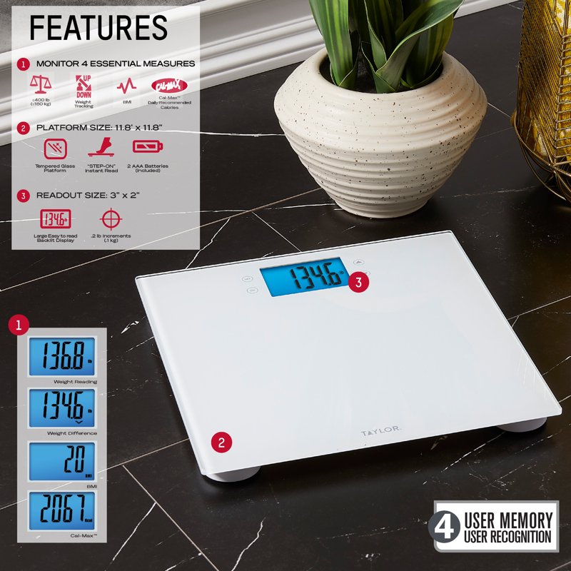 Digital Glass Wellness Scale 11.8x11.8 inches - White, 400 lb Capacity, FSA HSA Eligible