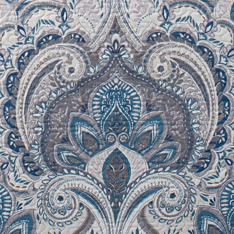 King Damask Quilt Set with Shams - Microfiber Bedding, Blue Beige Grey
