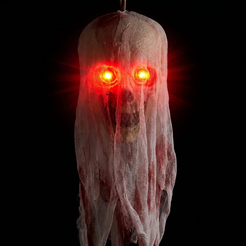 Halloween Hanging Skull Decor with Light Up Red Eyes - Gauze Wrapped Skeleton Ornament - Variation 1#N