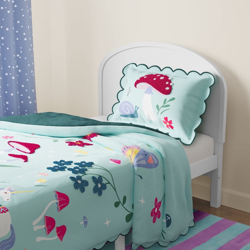 Kids Fairy Garden Comforter Set Twin - Textured Unicorn & Mushrooms Bedding