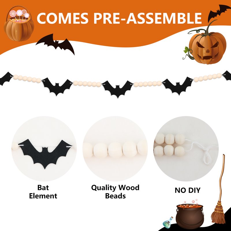 Halloween Bat & Bead Garland - Indoor Outdoor Party Decor, 4.67Ft