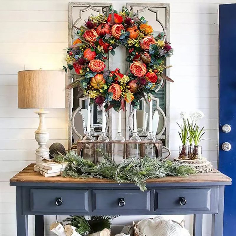 Autumn Pumpkin Wreath with Bows and Berries - Farmhouse Fall Decor - 18 Inch Front Door Wreath - Variation A