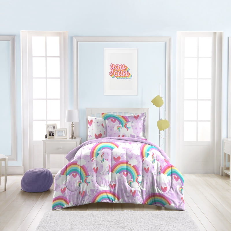 Twin Unicorn Rainbow Comforter Set for Children - Pink Whimsical Bedding