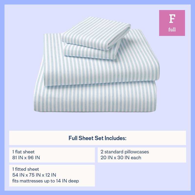 Kids Microfiber Bed Sheet Set - Full Aqua Stripe 4 Pieces - Soft & Breathable