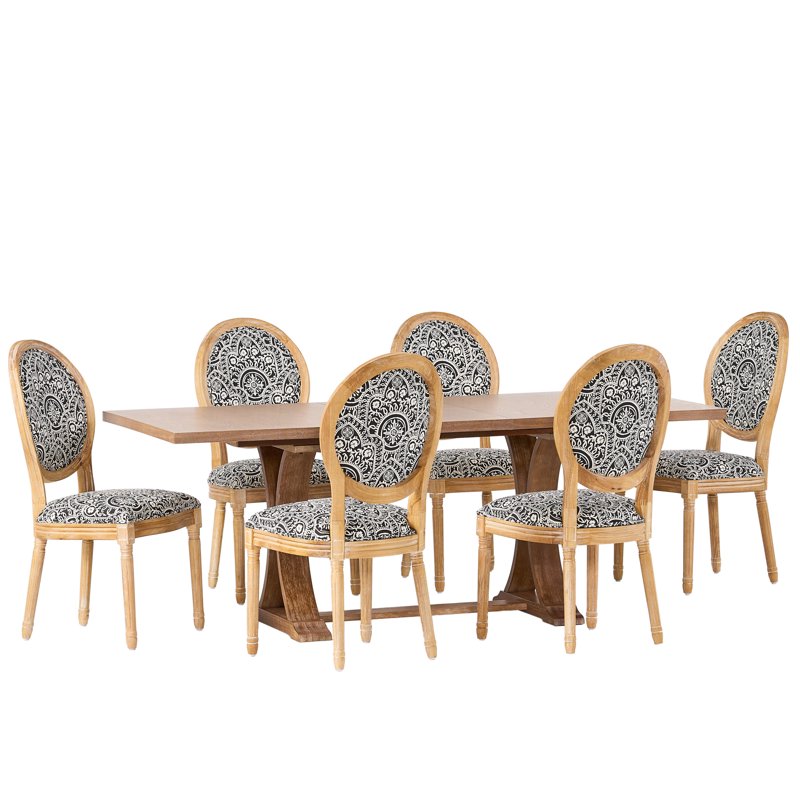 7 Piece Dining Set - Black and White Print Fabric & Wood