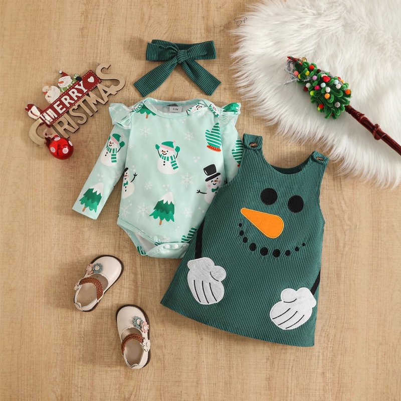 Dark Green Baby Girl Christmas Outfit 12-18 Months Ruffle Romper & Suspender Dress Set
