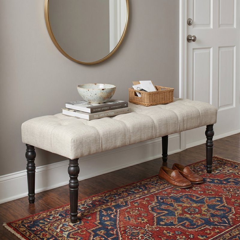 Fabric Tufted Turned Leg Dining Bench - Tan