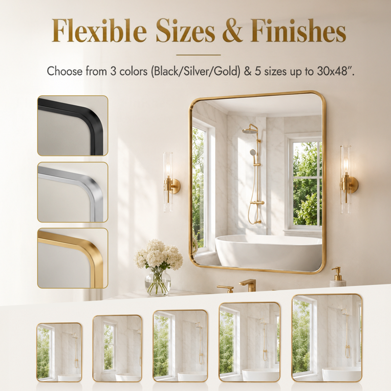 Gold Round Corner Bathroom Vanity Mirror 30x48 Wall Mount Framed