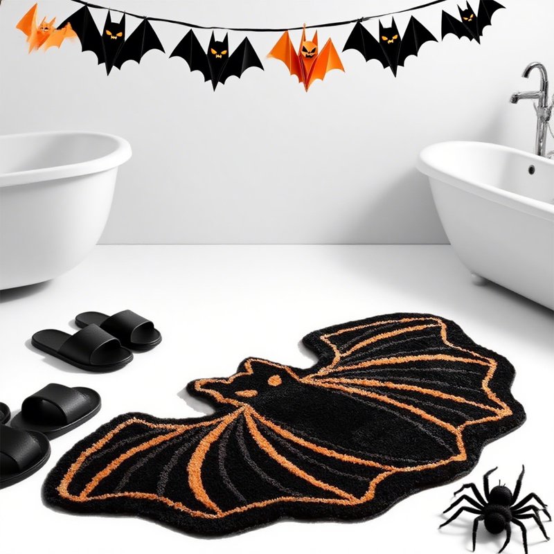 Halloween Bat Bath Mat Non-Slip Faux Fur Floor Rug for Bathroom & Bedroom