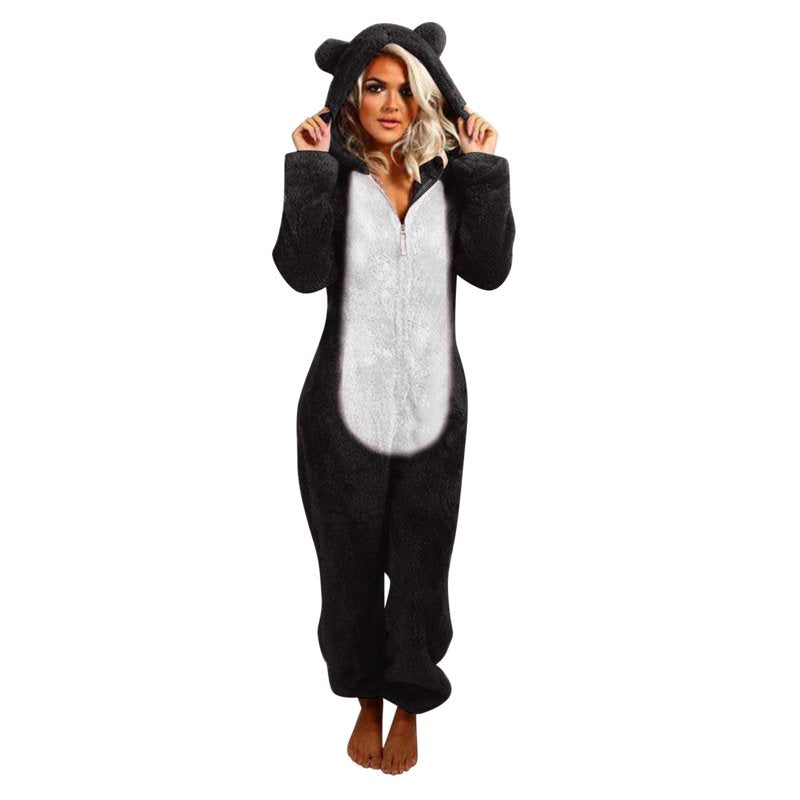 Women’s Sherpa Fleece Jumpsuit with Cat Hood, Black XL Winter Pajamas