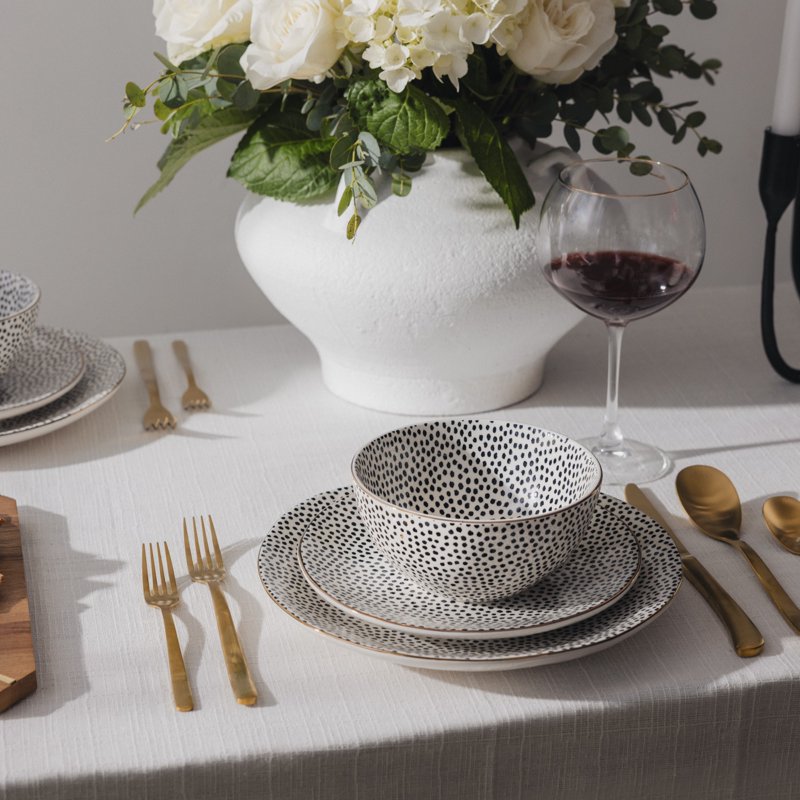 12-Piece Black & White Medallion Stoneware Dinnerware Set - 3 Pack