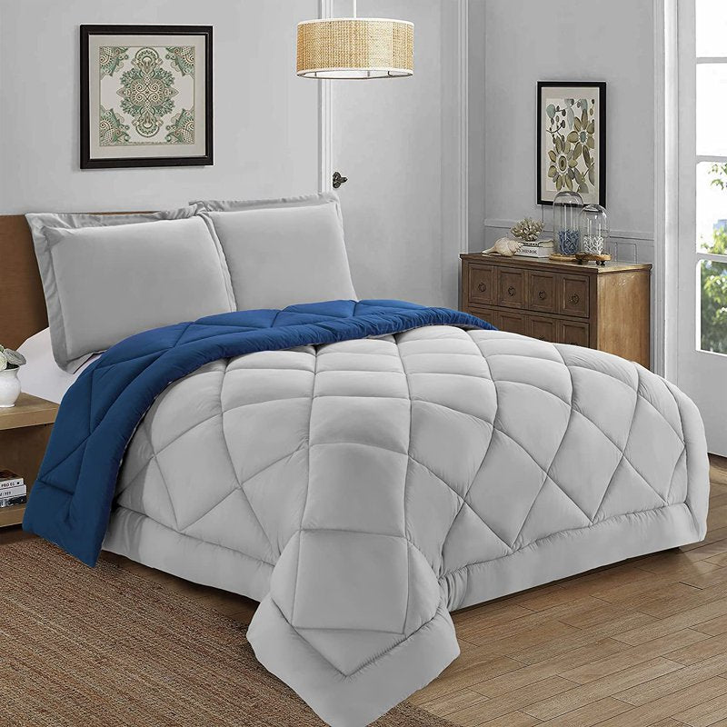 King Reversible Comforter Set - Silver & Navy, 3-Piece Luxury Bedding