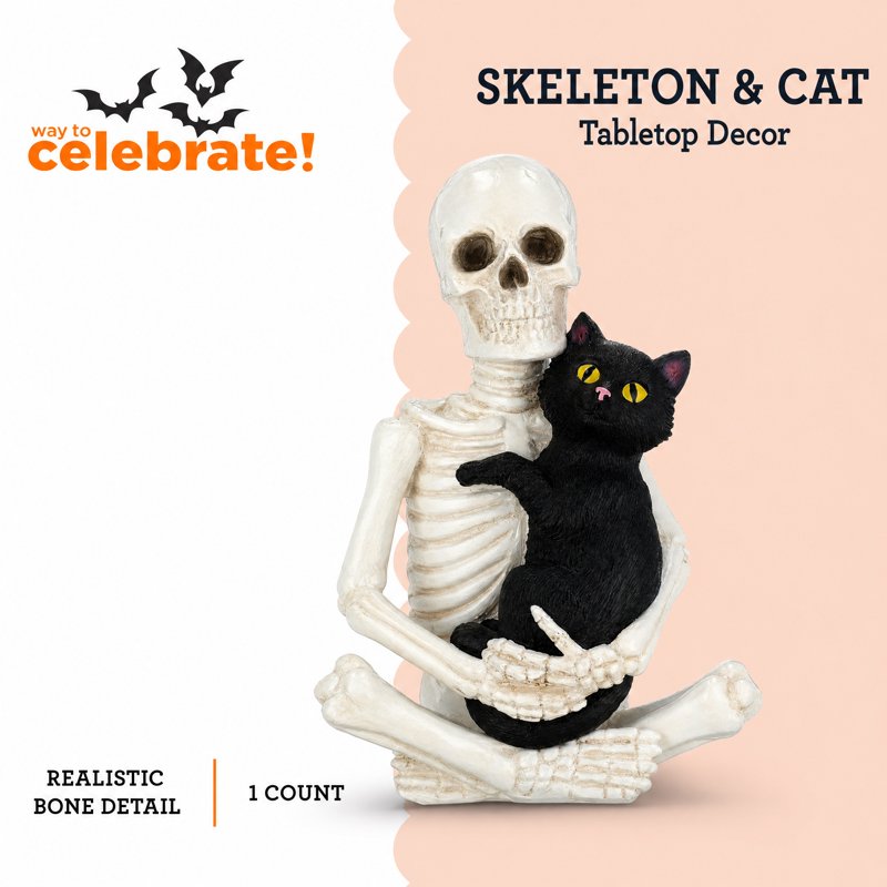 Halloween Skeleton and Cat Decor - Black and White, 8.8" Tabletop Accent