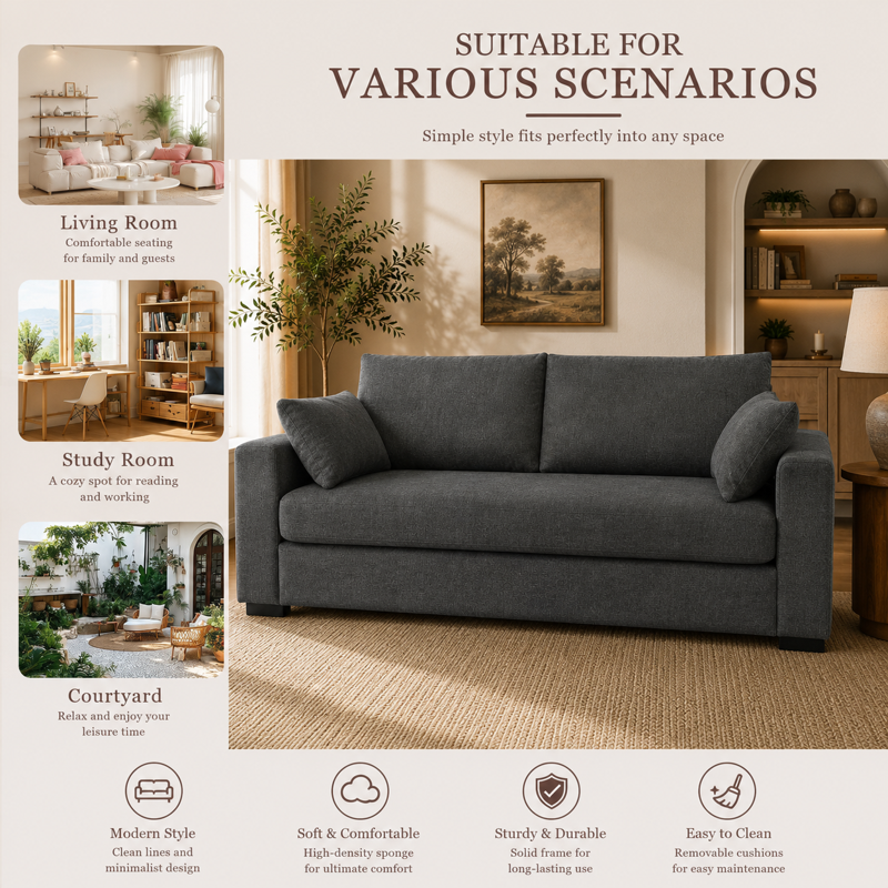 79" Loveseat Couch - Comfy Upholstered Sofa with Pillows, Gray